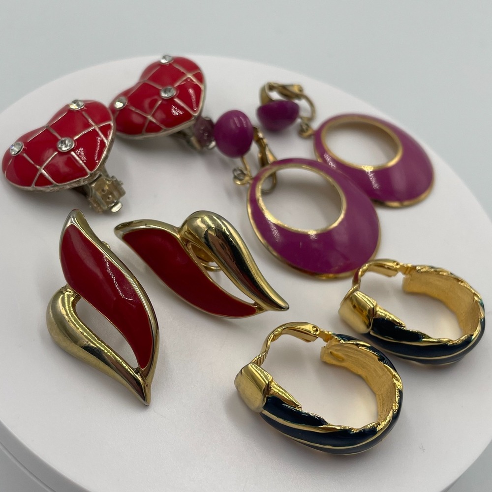 Vintage Retro Enamel Clip On Earring Lot 4 Pairs Colorful Statement Jewelry